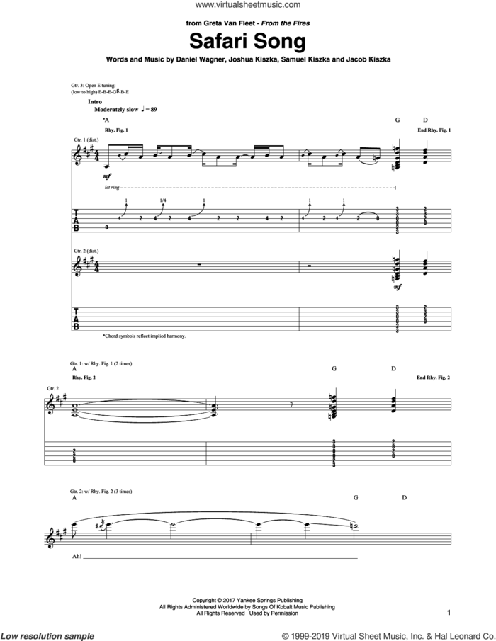 Safari Song sheet music for guitar (tablature) by Greta Van Fleet, Daniel Wagner, Jacob Kiszka, Joshua Kiszka and Samuel Kiszka, intermediate skill level