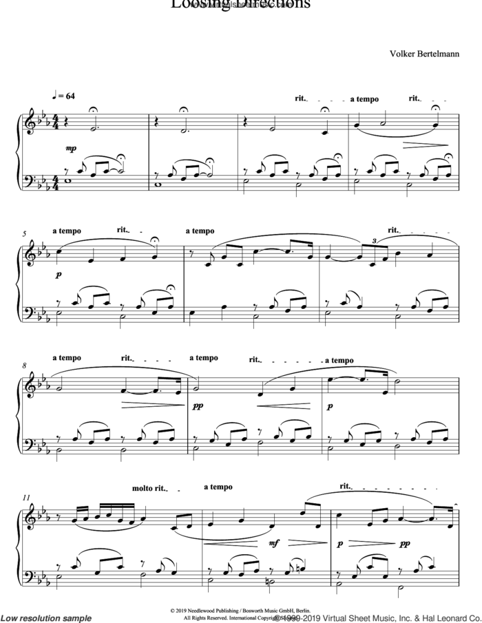 Loosing Directions sheet music for piano solo by Hauschka and Volker Bertelmann, classical score, intermediate skill level