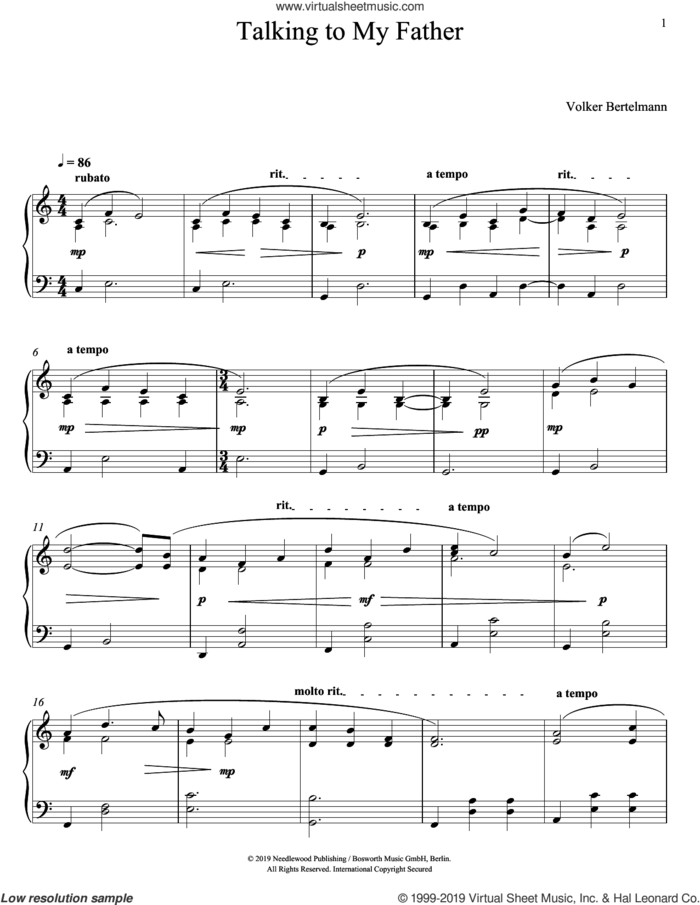 Talking To My Father sheet music for piano solo by Hauschka and Volker Bertelmann, classical score, intermediate skill level