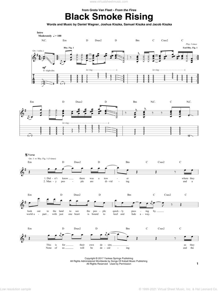 Black Smoke Rising sheet music for guitar (tablature) by Greta Van Fleet, Daniel Wagner, Jacob Kiszka, Joshua Kiszka and Samuel Kiszka, intermediate skill level