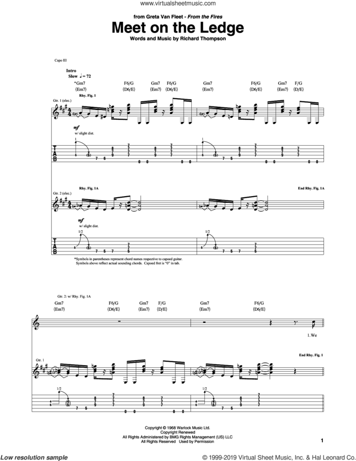 Meet On The Ledge sheet music for guitar (tablature) by Greta Van Fleet and Richard Thompson, intermediate skill level