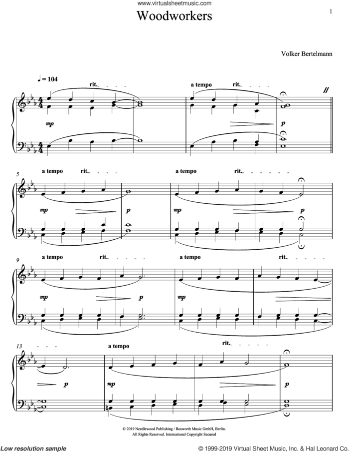 Woodworkers sheet music for piano solo by Hauschka and Volker Bertelmann, classical score, intermediate skill level