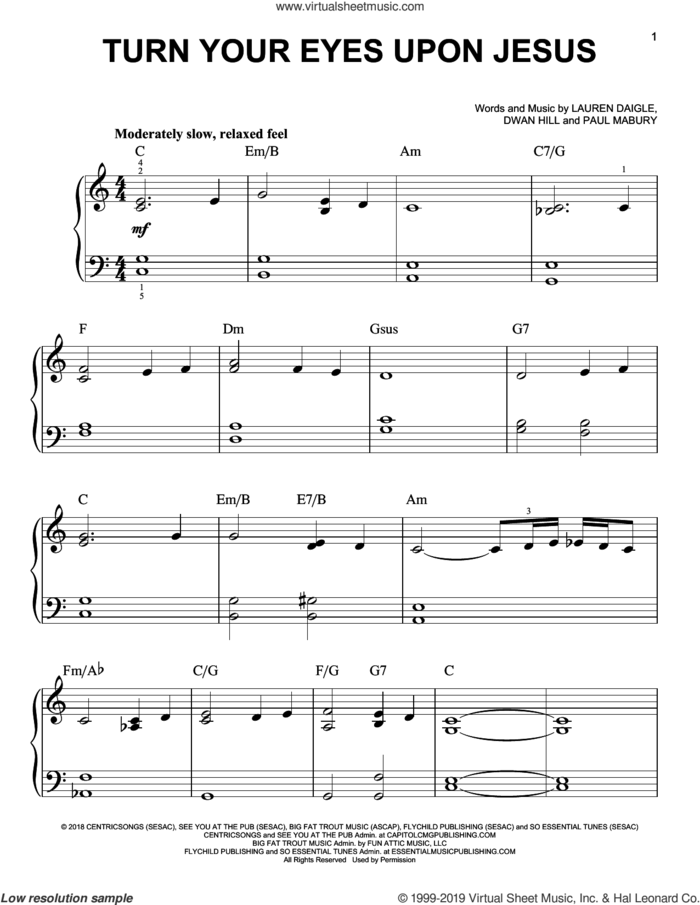 Turn Your Eyes Upon Jesus sheet music for piano solo by Lauren Daigle, Dwan Hill and Paul Mabury, easy skill level