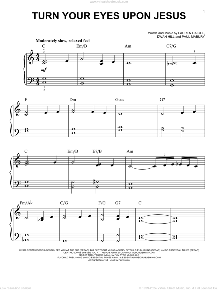 Turn Your Eyes Upon Jesus sheet music for piano solo by Lauren Daigle, Dwan Hill and Paul Mabury, easy skill level