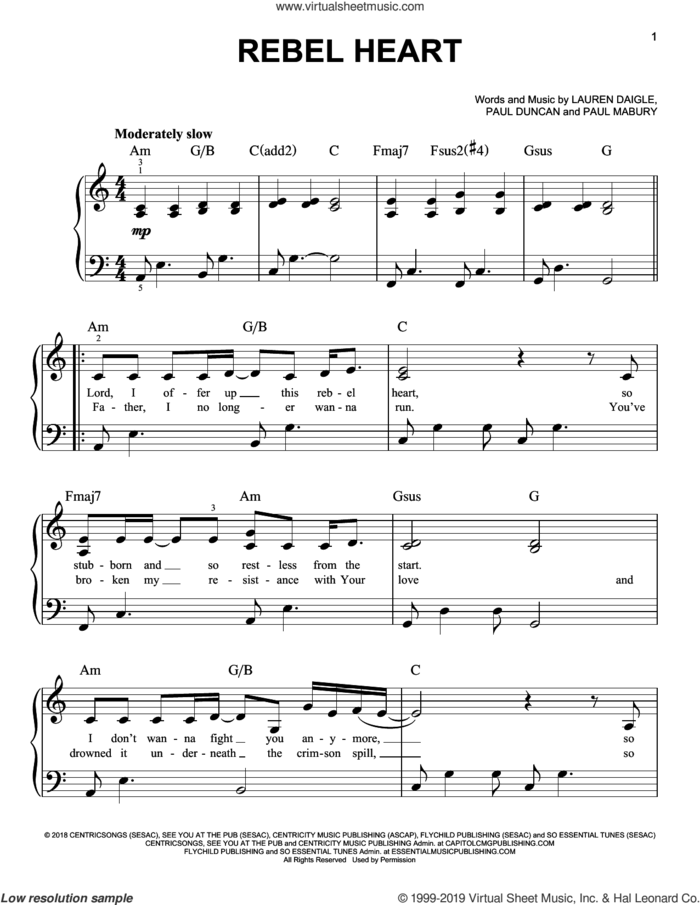 Rebel Heart sheet music for piano solo by Lauren Daigle, Paul Duncan and Paul Mabury, easy skill level