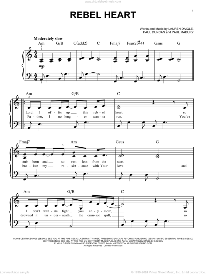 Rebel Heart sheet music for piano solo by Lauren Daigle, Paul Duncan and Paul Mabury, easy skill level