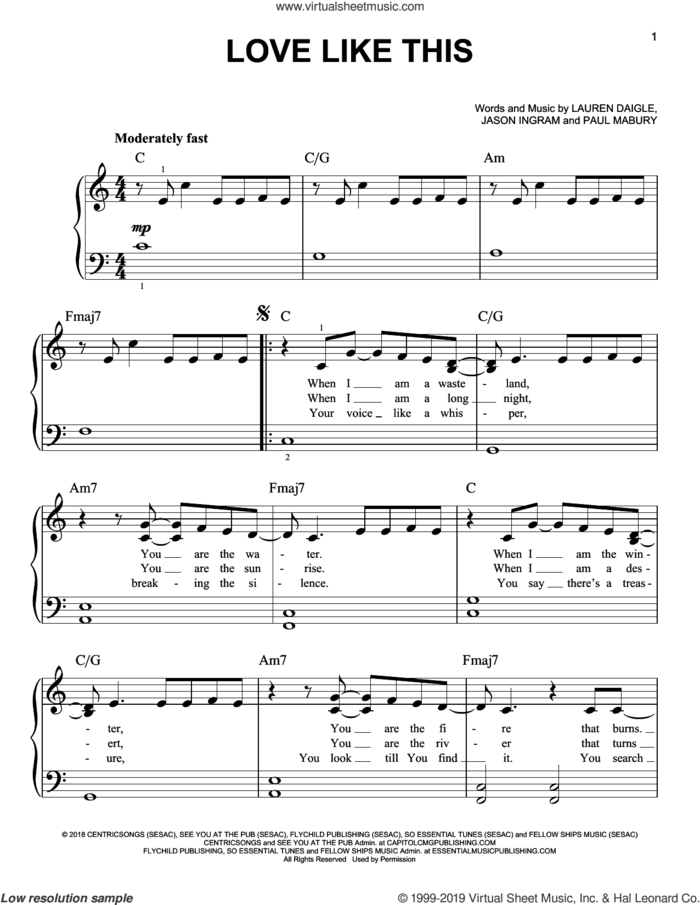 Love Like This sheet music for piano solo by Lauren Daigle, Jason Ingram and Paul Mabury, easy skill level