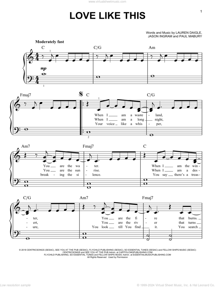 Love Like This sheet music for piano solo by Lauren Daigle, Jason Ingram and Paul Mabury, easy skill level