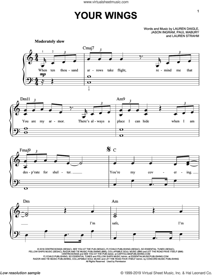 Your Wings sheet music for piano solo by Lauren Daigle, Jason Ingram and Paul Mabury, easy skill level