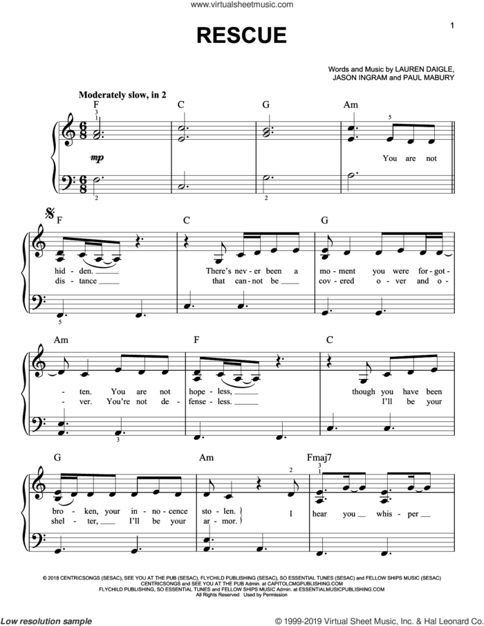Rescue sheet music for piano solo by Lauren Daigle, Jason Ingram and Paul Mabury, easy skill level