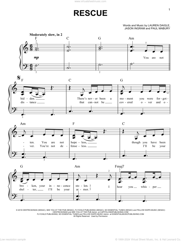 Rescue sheet music for piano solo by Lauren Daigle, Jason Ingram and Paul Mabury, easy skill level