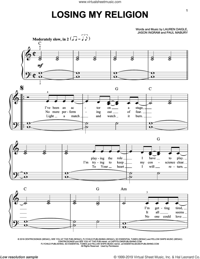 Losing My Religion sheet music for piano solo by Lauren Daigle, Jason Ingram and Paul Mabury, easy skill level