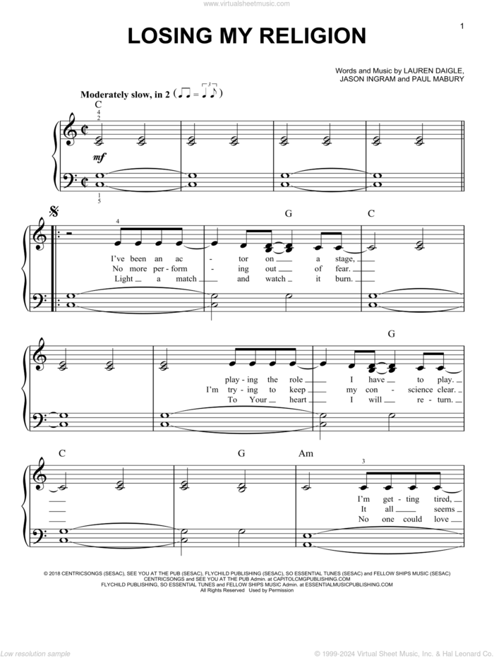 Losing My Religion sheet music for piano solo by Lauren Daigle, Jason Ingram and Paul Mabury, easy skill level