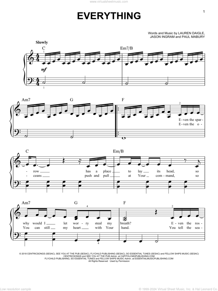 Everything sheet music for piano solo by Lauren Daigle, Jason Ingram and Paul Mabury, easy skill level