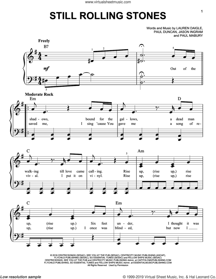 Still Rolling Stones sheet music for piano solo by Lauren Daigle, Jason Ingram, Paul Duncan and Paul Mabury, easy skill level