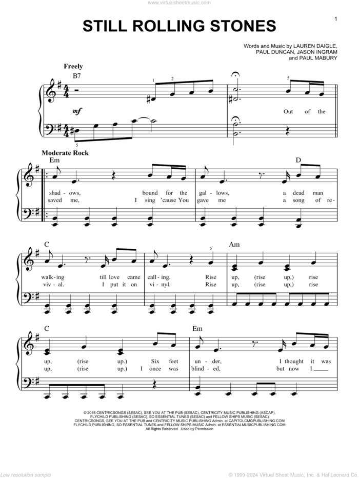 Still Rolling Stones sheet music for piano solo by Lauren Daigle, Jason Ingram, Paul Duncan and Paul Mabury, easy skill level