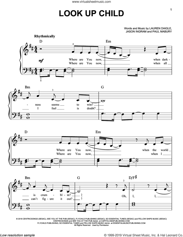 Look Up Child sheet music for piano solo by Lauren Daigle, Jason Ingram and Paul Mabury, easy skill level