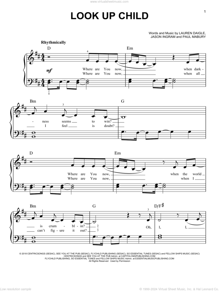 Look Up Child sheet music for piano solo by Lauren Daigle, Jason Ingram and Paul Mabury, easy skill level