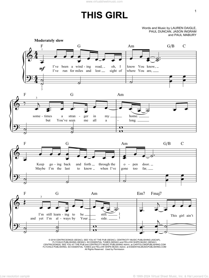 This Girl sheet music for piano solo by Lauren Daigle, Jason Ingram, Paul Duncan and Paul Mabury, easy skill level