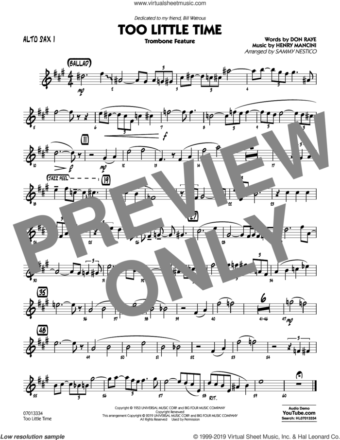Too Little Time (arr. Sammy Nestico), conductor score (full score) sheet music for jazz band (alto sax 1) by Henry Mancini, Sammy Nestico, Bill Watrous and Don Raye, intermediate skill level