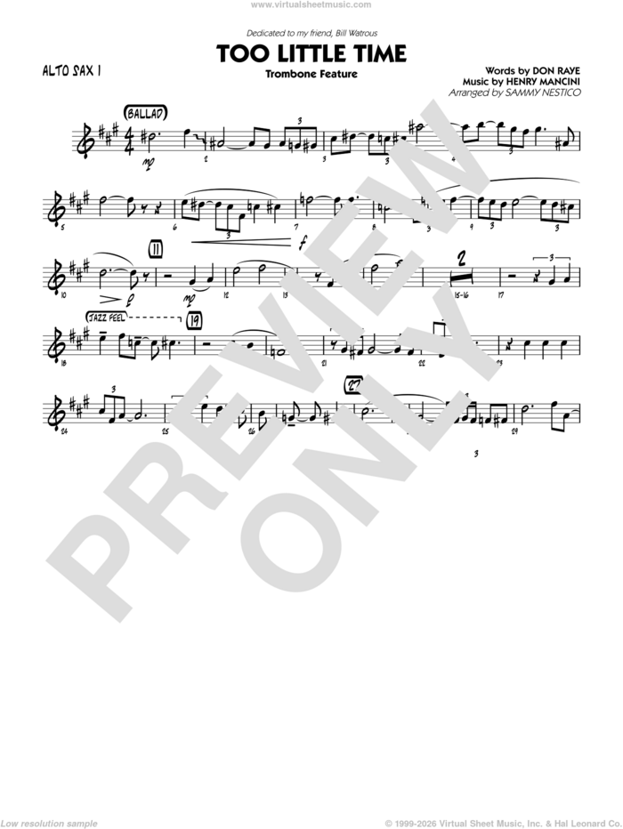 Too Little Time (arr. Sammy Nestico), conductor score (full score) sheet music for jazz band (alto sax 1) by Henry Mancini, Sammy Nestico, Bill Watrous and Don Raye, intermediate skill level