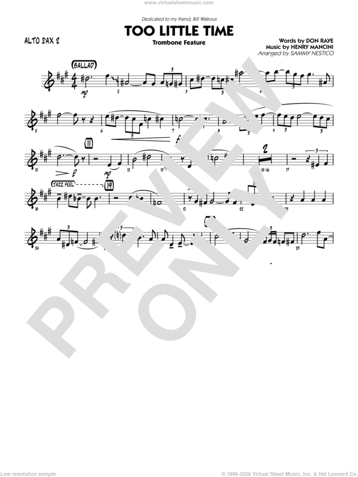 Too Little Time (arr. Sammy Nestico), conductor score (full score) sheet music for jazz band (alto sax 2) by Henry Mancini, Sammy Nestico, Bill Watrous and Don Raye, intermediate skill level