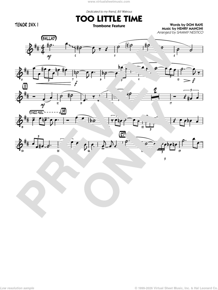 Too Little Time (arr. Sammy Nestico), conductor score (full score) sheet music for jazz band (tenor sax 1) by Henry Mancini, Sammy Nestico, Bill Watrous and Don Raye, intermediate skill level