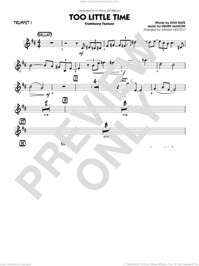Too Little Time (arr. Sammy Nestico), conductor score (full score) sheet music for jazz band (trumpet 1) by Henry Mancini, Sammy Nestico, Bill Watrous and Don Raye, intermediate skill level