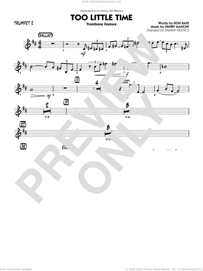 Too Little Time (arr. Sammy Nestico), conductor score (full score) sheet music for jazz band (trumpet 2) by Henry Mancini, Sammy Nestico, Bill Watrous and Don Raye, intermediate skill level
