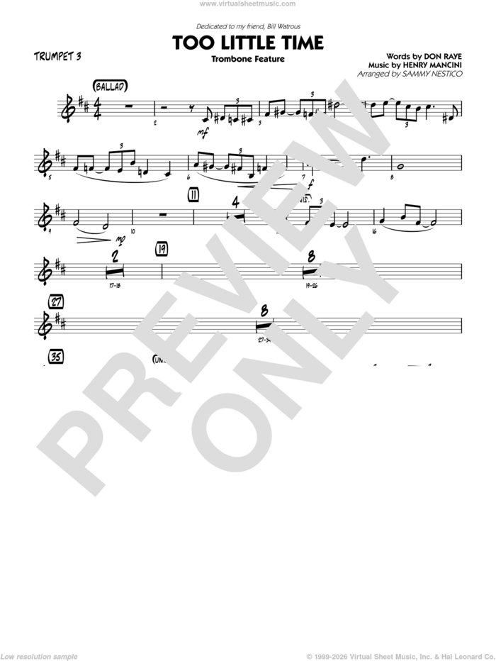 Too Little Time (arr. Sammy Nestico), conductor score (full score) sheet music for jazz band (trumpet 3) by Henry Mancini, Sammy Nestico, Bill Watrous and Don Raye, intermediate skill level