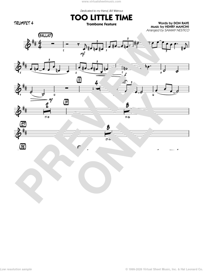 Too Little Time (arr. Sammy Nestico), conductor score (full score) sheet music for jazz band (trumpet 4) by Henry Mancini, Sammy Nestico, Bill Watrous and Don Raye, intermediate skill level