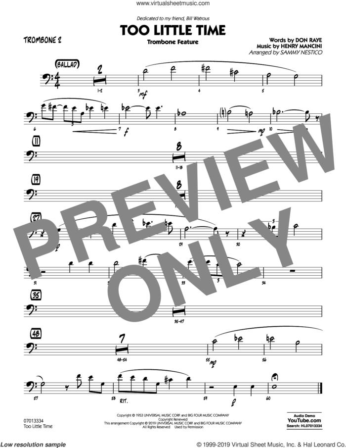 Too Little Time (arr. Sammy Nestico), conductor score (full score) sheet music for jazz band (trombone 2) by Henry Mancini, Sammy Nestico, Bill Watrous and Don Raye, intermediate skill level