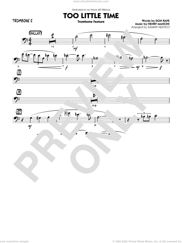 Too Little Time (arr. Sammy Nestico), conductor score (full score) sheet music for jazz band (trombone 2) by Henry Mancini, Sammy Nestico, Bill Watrous and Don Raye, intermediate skill level