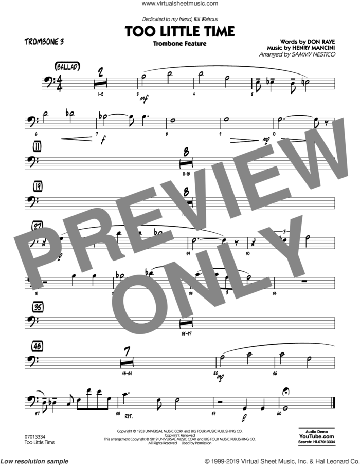 Too Little Time (arr. Sammy Nestico), conductor score (full score) sheet music for jazz band (trombone 3) by Henry Mancini, Sammy Nestico, Bill Watrous and Don Raye, intermediate skill level