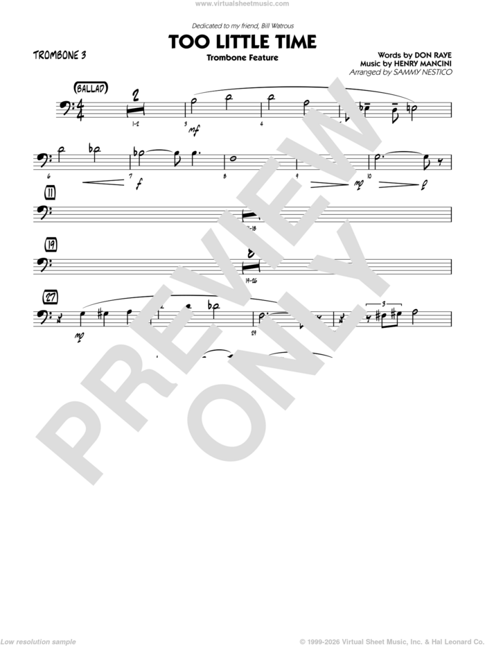 Too Little Time (arr. Sammy Nestico), conductor score (full score) sheet music for jazz band (trombone 3) by Henry Mancini, Sammy Nestico, Bill Watrous and Don Raye, intermediate skill level
