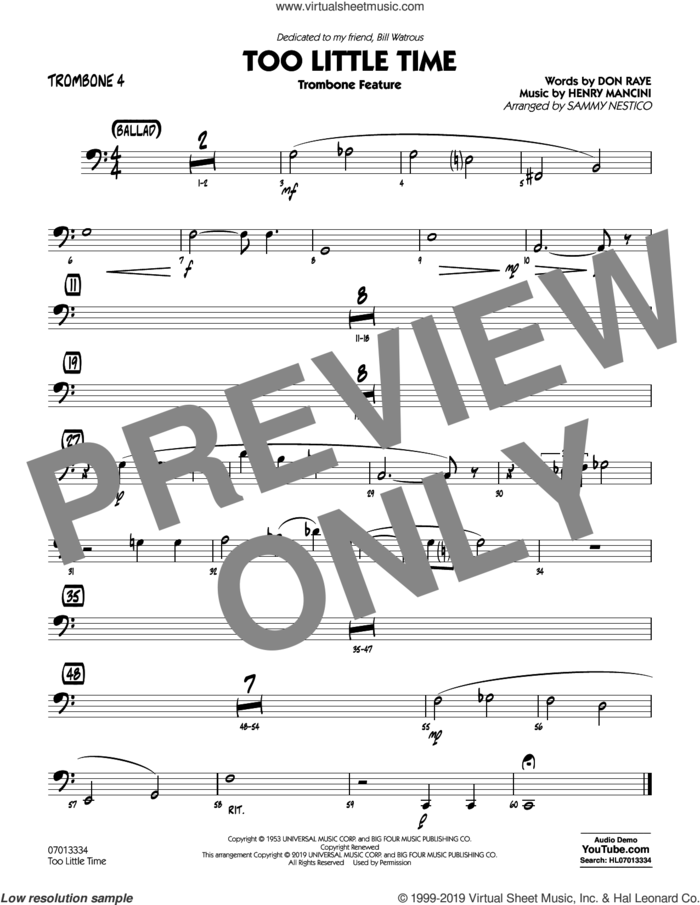 Too Little Time (arr. Sammy Nestico), conductor score (full score) sheet music for jazz band (trombone 4) by Henry Mancini, Sammy Nestico, Bill Watrous and Don Raye, intermediate skill level