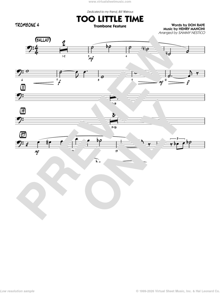 Too Little Time (arr. Sammy Nestico), conductor score (full score) sheet music for jazz band (trombone 4) by Henry Mancini, Sammy Nestico, Bill Watrous and Don Raye, intermediate skill level