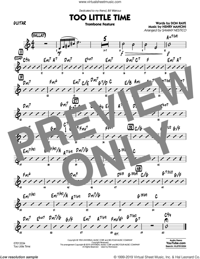 Too Little Time (arr. Sammy Nestico), conductor score (full score) sheet music for jazz band (guitar) by Henry Mancini, Sammy Nestico, Bill Watrous and Don Raye, intermediate skill level