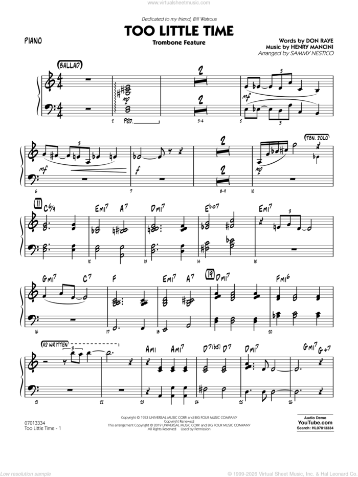 Too Little Time (arr. Sammy Nestico), conductor score (full score) sheet music for jazz band (piano) by Henry Mancini, Sammy Nestico, Bill Watrous and Don Raye, intermediate skill level
