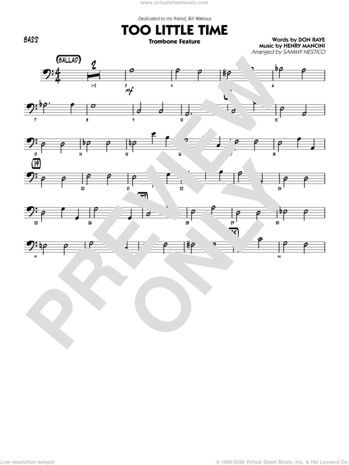 Too Little Time (arr. Sammy Nestico), conductor score (full score) sheet music for jazz band (bass) by Henry Mancini, Sammy Nestico, Bill Watrous and Don Raye, intermediate skill level