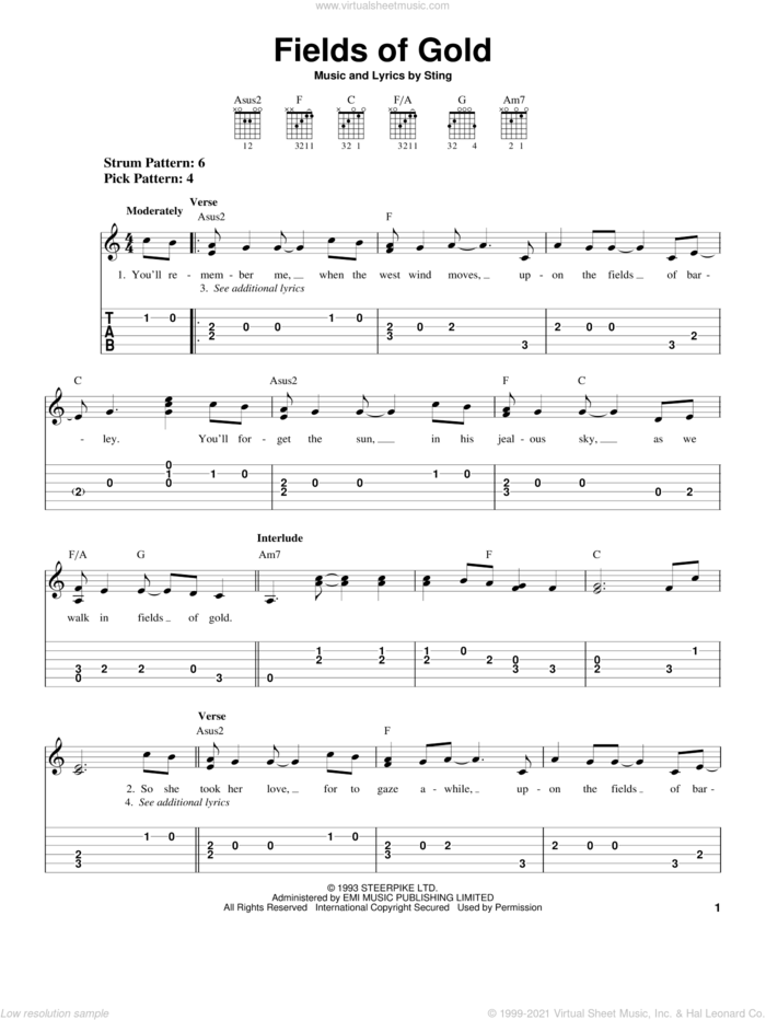 Fields Of Gold sheet music for guitar solo (easy tablature) by Sting, easy guitar (easy tablature)