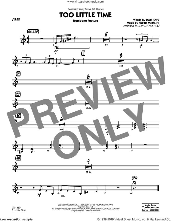 Too Little Time (arr. Sammy Nestico), conductor score (full score) sheet music for jazz band (vibes) by Henry Mancini, Sammy Nestico, Bill Watrous and Don Raye, intermediate skill level