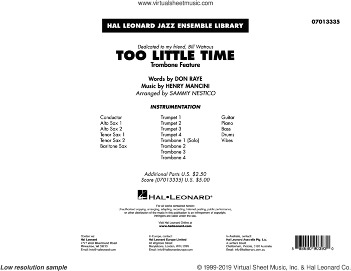 Too Little Time (arr. Sammy Nestico) (COMPLETE) sheet music for jazz band by Henry Mancini, Bill Watrous, Don Raye and Sammy Nestico, intermediate skill level