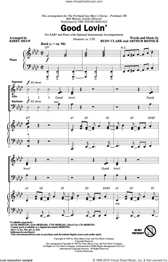 Good Lovin' (arr. Kirby Shaw) sheet music for choir (SAB: soprano, alto, bass) by The Young Rascals, Kirby Shaw, Arthur Resnick and Rudy Clark, intermediate skill level