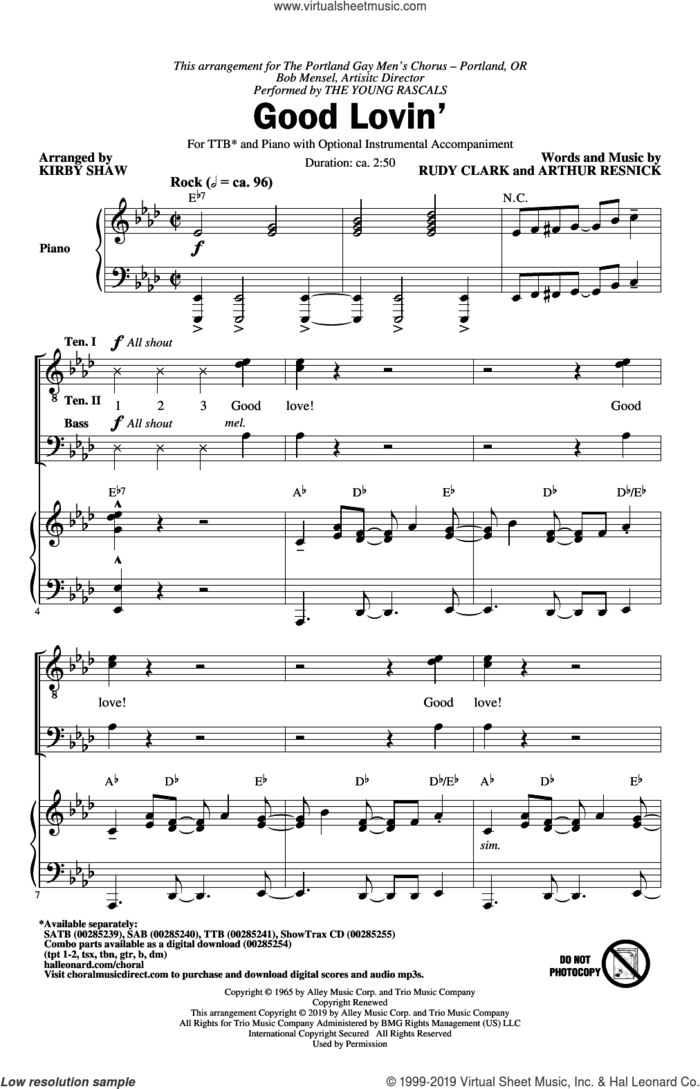 Good Lovin' (arr. Kirby Shaw) sheet music for choir (TTBB: tenor, bass) by The Young Rascals, Kirby Shaw, Arthur Resnick and Rudy Clark, intermediate skill level