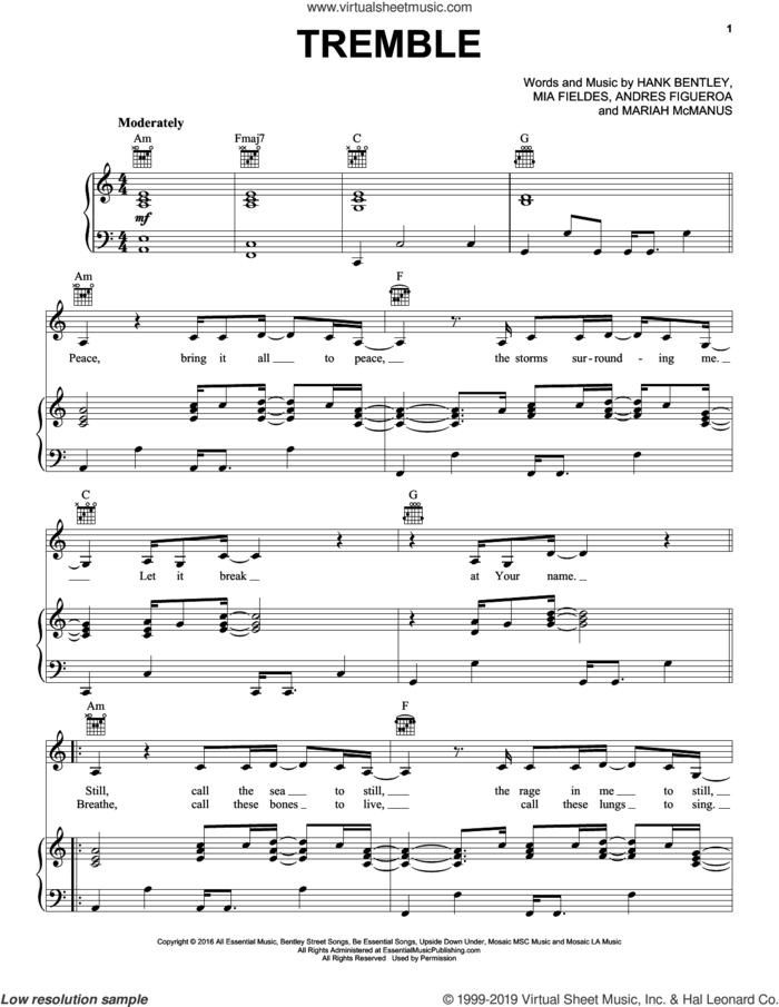 Tremble sheet music for voice, piano or guitar by Mosaic MSC, Andres Figueroa, Hank Bentley, Mariah McManus and Mia Fieldes, intermediate skill level