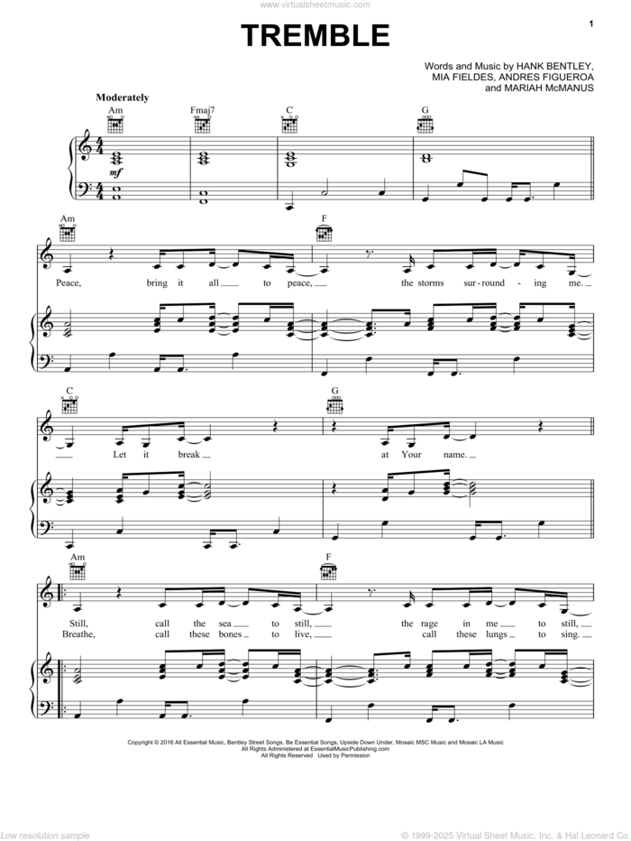 Tremble sheet music for voice, piano or guitar by Mosaic MSC, Andres Figueroa, Hank Bentley, Mariah McManus and Mia Fieldes, intermediate skill level