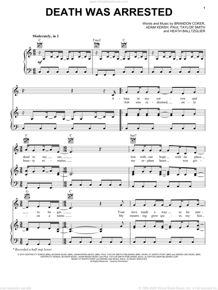 Death Was Arrested sheet music for voice, piano or guitar by North Point InsideOut, Adam Kersh, Brandon Coker, Heath Balltzglier and Paul Taylor Smith, intermediate skill level