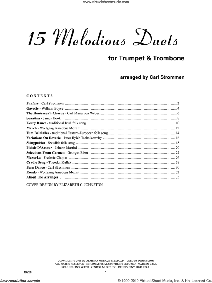15 Melodious Duets sheet music for trumpet and trombone by Carl Strommen, intermediate duet