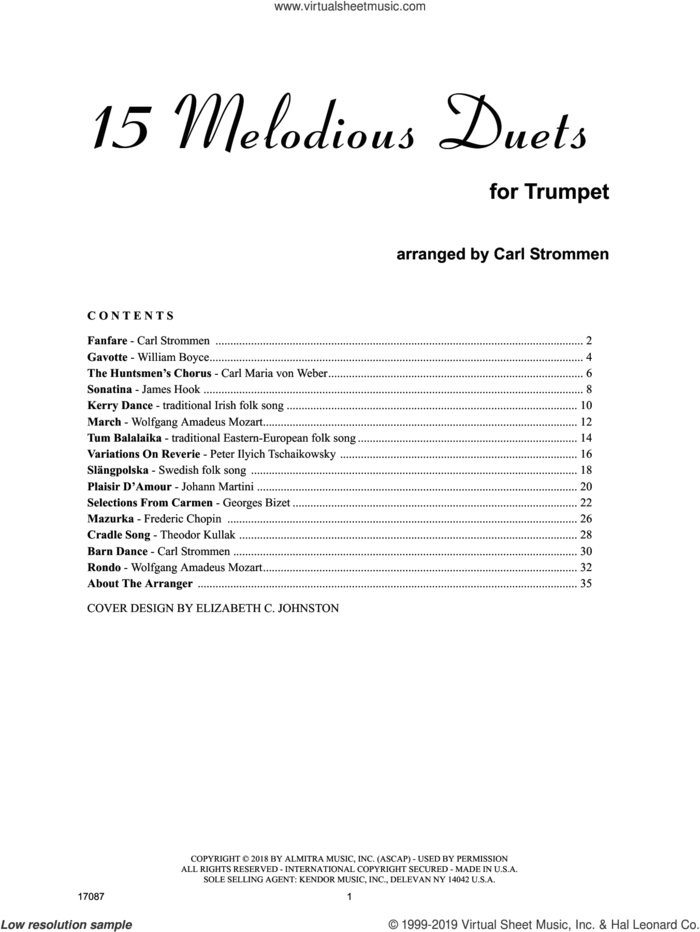 15 Melodious Duets sheet music for two trumpets by Carl Strommen, intermediate duet